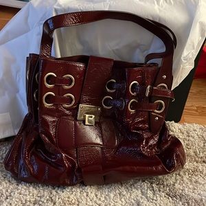 Gorgeous Jimmy Choo large Bordeaux crushed patent leather handbag